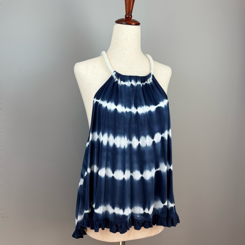 Ocean Drive Nautical Halter Top Sz L Navy White Tie Dye Ruffle Hem Coastal Vibe